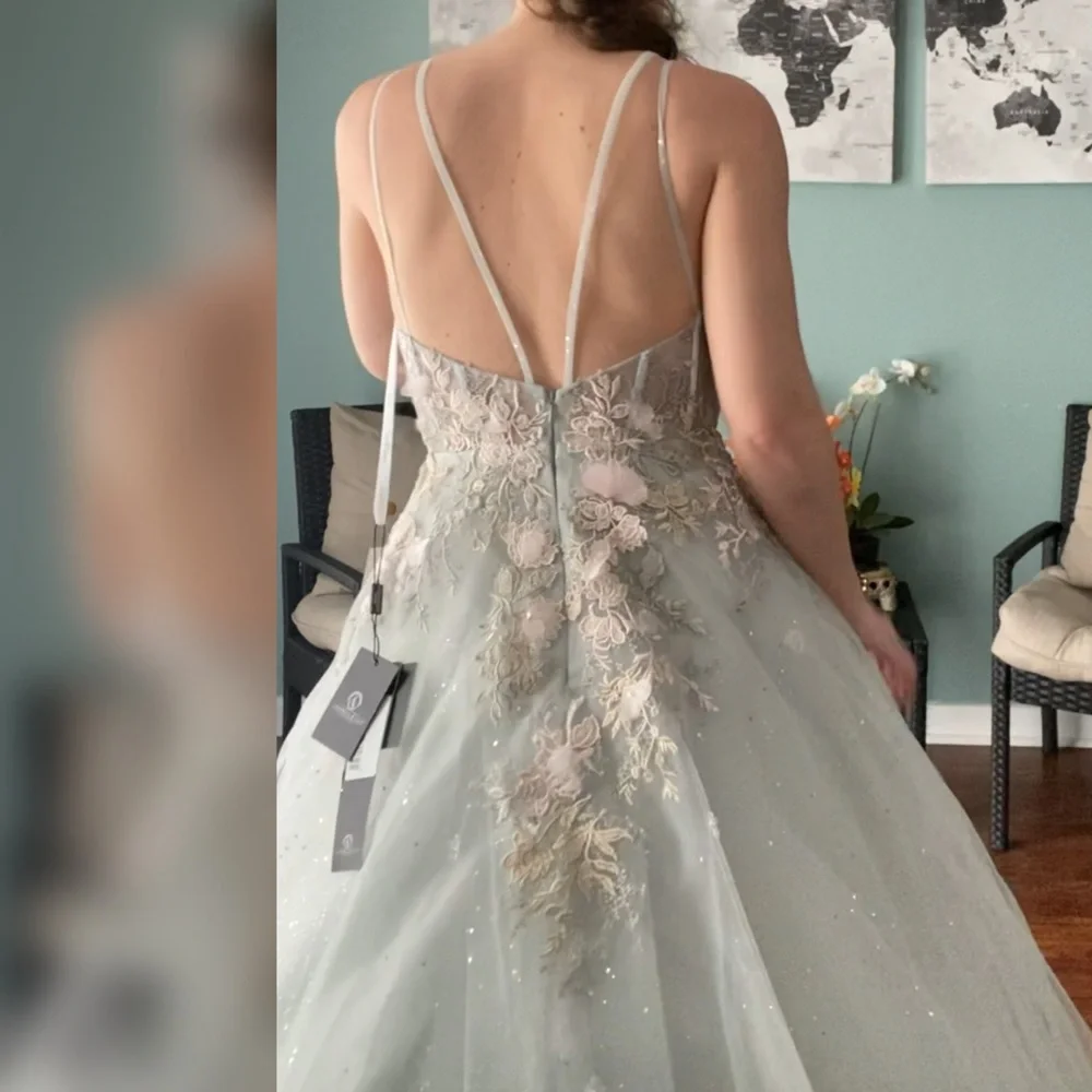 Sage green sparkly a line ball gown or non traditional wedding dress - Picture 3 of 4